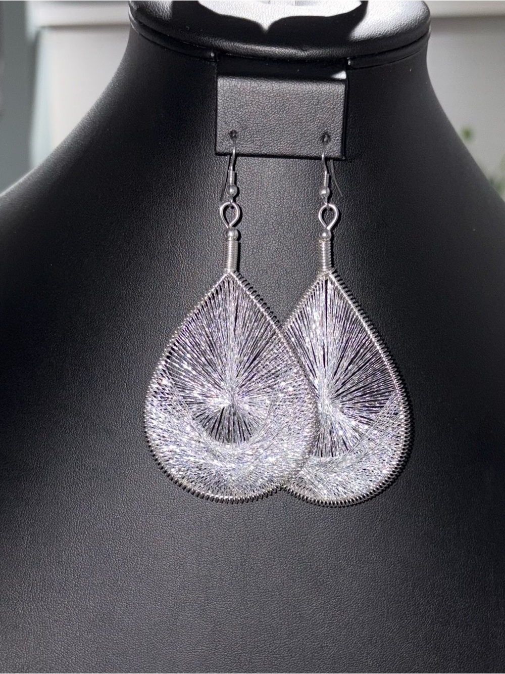 Silver Tone Thread Art Teardrop Earrings | Boho Statement Dangles